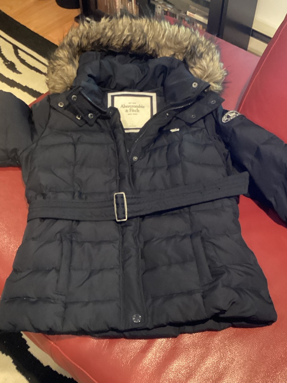 Abercrombie & Fitch Navy Quilted Puffer Jacket with Embroidered Moose